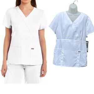 GREY'S ANATOMY Barco Womens Sz XL  White 3 Pocket Mock Wrap Style 4153 Scrub Top